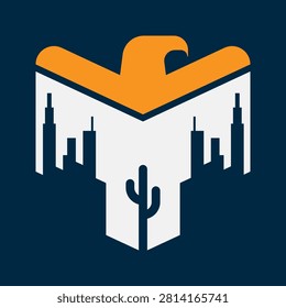 A striking double-exposure and negative space logo featuring an eagle or falcon with outspread wings, revealing a detailed city skyline and desert cactus silhouette within its shape