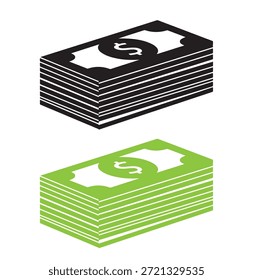 Um ícone duplo marcante apresenta duas pilhas distintas de notas de dólar, uma reproduzida em uma silhueta clássica em preto e branco e a outra em verde vibrante, ambas apresentando um símbolo de dólar proeminente, oferecendo uma representação visualmente atraente de escolhas financeiras, riqueza comparativa ou diferentes aspectos da moeda, adequado para ilustrar a diversidade econômica, opções ou cenários financeiros contrastantes.