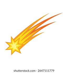 Uma impressionante e dinâmica ilustração vetorial de design plano de uma estrela cadente ou cometa, simbolizando velocidade, impacto, eventos celestes, desejos e magia. Perfeito para temas espaciais, celebrações.