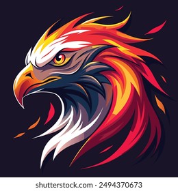 A striking and dynamic vector illustration of an eagle's head, rendered in a vibrant and eye-catching color palette of neon red, orange, white, and black. The fluid, swirling patterns of the neon.