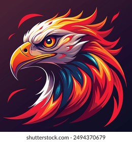 A striking and dynamic vector illustration of an eagle's head, rendered in a vibrant and eye-catching color palette of neon red, orange, white, and black. The fluid, swirling patterns of the neon.
