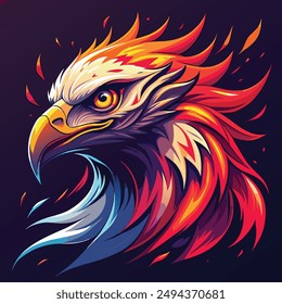 A striking and dynamic vector illustration of an eagle's head, rendered in a vibrant and eye-catching color palette of neon red, orange, white, and black. The fluid, swirling patterns of the neon.