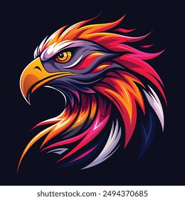 A striking and dynamic vector illustration of an eagle's head, rendered in a vibrant and eye-catching color palette of neon red, orange, white, and black. The fluid, swirling patterns of the neon.