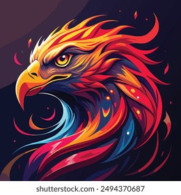 A striking and dynamic vector illustration of an eagle's head, rendered in a vibrant and eye-catching color palette of neon red, orange, white, and black. The fluid, swirling patterns of the neon.