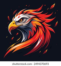 A striking and dynamic vector illustration of an eagle's head, rendered in a vibrant and eye-catching color palette of neon red, orange, white, and black. The fluid, swirling patterns of the neon.