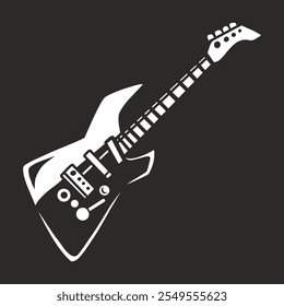 A striking electric guitar is showcased with a distinct design rendered in black and white. The instrument features various controls and a sleek body shape appealing to music lovers.