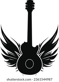 Striking electric guitar silhouette with wings, isolated on white. A symbol of musical freedom and power.