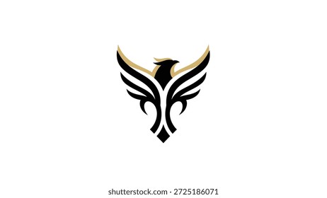 A striking and elegant phoenix bird logo, featuring stylized wings in black and gold, symbolizing strength, rebirth, and power. The design is clean, modern, and suitable for various branding purposes.