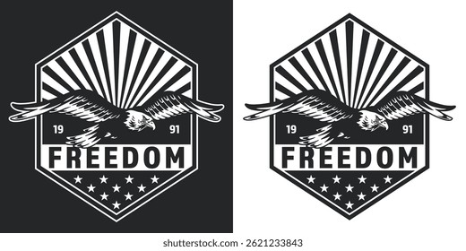 A striking emblem features an eagle in flight with rays radiating from behind. The word Freedom is prominently displayed below the eagle surrounded by stars and geometric patterns.