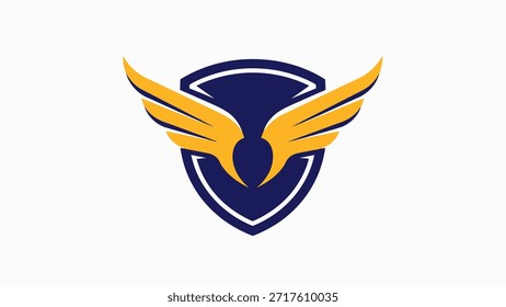Un emblema llamativo con un escudo azul oscuro con alas doradas extendidas hacia afuera, que simboliza la protección y el logro.