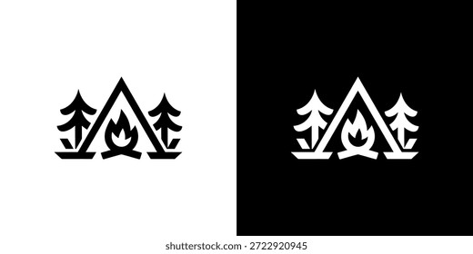 Um emblema impressionante com montanhas, árvores e uma fogueira mostrada em ambas as versões em preto e branco.