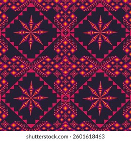 A striking ethnic pattern featuring glowing star and diamond motifs in vibrant red, orange, and purple tones against a deep dark background. Inspired by traditional tribal textiles, this seamless geom