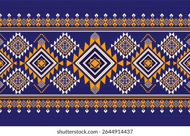 A striking ethnic tribal geometric pattern inspired by Southeast Asian hill tribe textiles. This vibrant design features bold diamond shapes in orange, white, and navy blue over subtle horizontal line