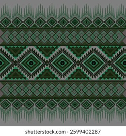 A striking ethnic-inspired geometric pattern featuring intricate diamond motifs and symmetrical linework in rich green and black tones. This seamless textile design is influenced by traditional tribal