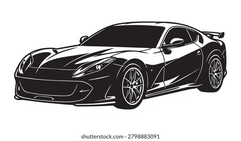 A striking exotic supercar front angle vector illustration in bold black silhouette, showing the aggressive front fascia and wide stance of a high-performance exotic vehicle. Perfect for supercar brand identity, exotic car dealership graphics, automotive editorial design, performance car merchandise, and speed-themed creative projects.