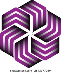 A striking, eye-catching abstract design featuring a stylized, hexagonal shape with overlapping, striped elements creating a 3D optical illusion.