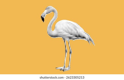 A striking flamingo silhouette stands out against a bright yellow background, emphasizing its graceful posture. The halftone design merges art with a sense of summer joy and creativity.