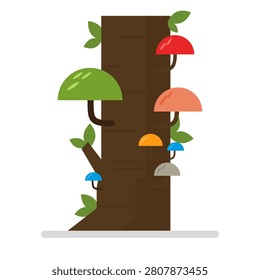 A striking flat digital design depicting a vertical thick dark brown tree trunk or standing log. The bark is covered with small green leaves and populated by a colorful array of wild shelf mushrooms sprouting from its sides in red, orange, yellow, green, blue, and grey hues, making it an excellent resource for botanical illustrations, forest ecology charts, and nature backdrops.