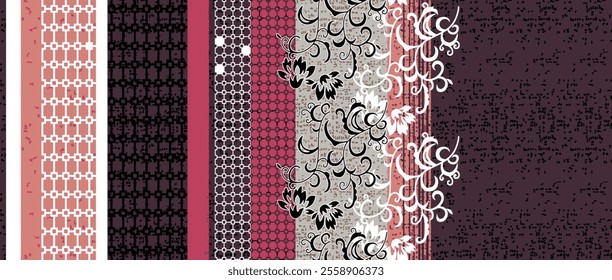 Striking floral and geometric pattern design for fabric or textile.
