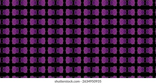 A striking floral pattern with bold purple motifs set against a black backdrop.