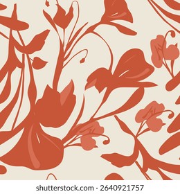 Striking floral pattern in rich terracotta shades set against a soft beige background. This seamless vector design blends modern minimalism with organic botanical flow, perfect for fashion prints