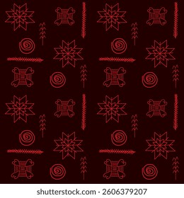 Striking folk-inspired pattern with bold red geometric and floral elements on a black background. Ideal for fabric, textile prints, wallpaper, and decorative designs.