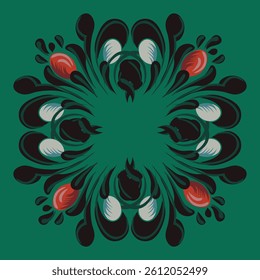 Striking folk-inspired vector mandala with symmetrical abstract floral splash elements in red, black, and white over green. Great for decor, textiles, covers, and cultural projects. Bengali Folk.