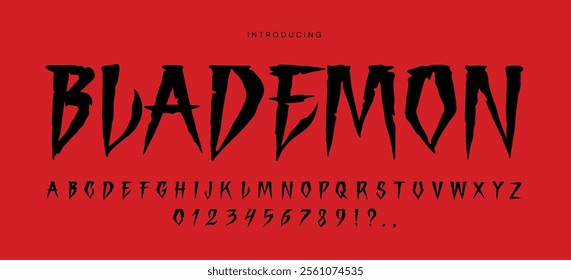 A striking font displayed prominently on a vivid red background showcases the unique Blademon typography characterized by sharp edges and bold lettering ideal for a range of creative projects.