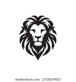 Un llamativo gráfico de Vector blanco y negro frontal retrata la majestuosa cabeza de un león en una vista frontal directa, caracterizada por una melena llamativamente audaz y angular.