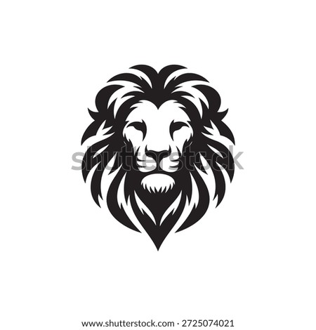 A striking front-facing black and white vector graphic portrays a majestic lion's head in a direct, front-facing view, characterized by a strikingly bold and angular mane.