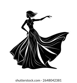 Silhueta de corpo inteiro impressionante de uma mulher dançando no vestido fluente - Ilustração de vetor de figura feminina elegante, dinâmica, artística