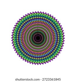 Ein auffälliges geometrisches, kreisförmiges Muster mit violetten, grünen und orangefarbenen Farbtönen und gezackten Außenkanten auf weißem Hintergrund.