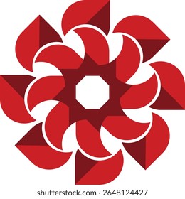 A striking geometric design featuring a flower pattern with bold red petals against a white background.