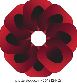 A striking geometric design featuring a flower pattern with bold red petals and black centers against a white background.