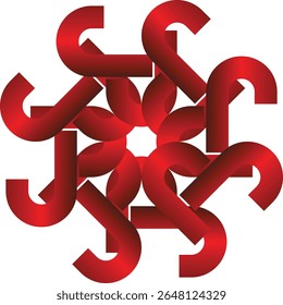 A striking geometric design featuring interlocking red shapes arranged in a symmetrical pattern against a white background.