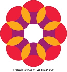 A striking geometric design featuring overlapping circles in bold red, orange, and purple hues, creating a dynamic and visually appealing pattern.