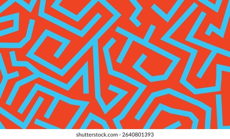 Striking geometric layout with light blue linework across a deep red canvas, offering contrast and motion for modern tech or pop visual themes.