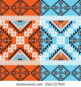 A striking geometric Native-inspired design in vibrant orange, blue, and white, ideal for textiles, decor, and graphic design projects.