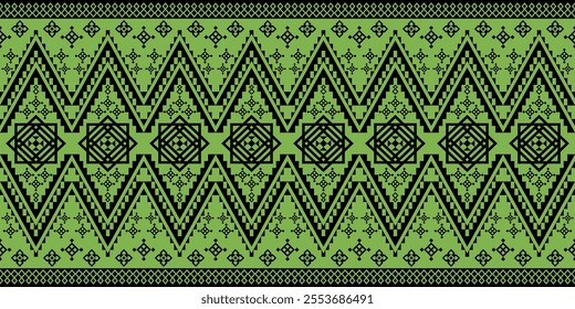 . A striking geometric pattern in a bold black and green color palette. The design features a repeating motif of triangles, squares, and diamonds, inspired by traditional Thai art.