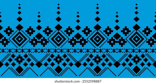 Ein auffälliges geometrisches Muster in einer kräftigen blauen und schwarzen Farbpalette. Das Design zeigt ein sich wiederholendes Motiv aus Diamanten, Quadraten und Kreuzen, inspiriert von traditioneller Stammeskunst. 