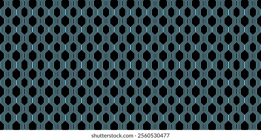 A striking geometric pattern in a bold blue and black color palette. The design features a repeating motif of hexagons and lines, creating a hypnotic and mesmerizing effect. 