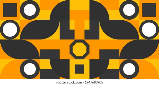 Striking geometric pattern with a bold color palette of black, white, and golden yellow. Abstract symmetry and layered lines create a modern Scandinavian aestheti,creative design project,poster,banner