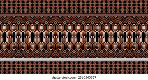 A striking geometric pattern in a bold color palette of brown, orange, and white. The design features a repeating motif of diamonds and squares, creating a dynamic and energetic look. 