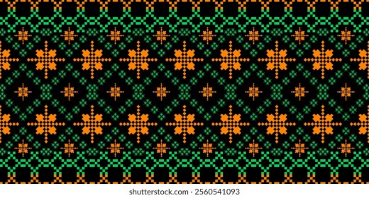 A striking geometric pattern in a bold color palette of orange, green, and black. The design features a repeating motif of snowflakes and crosses, creating a festive and wintery look. 