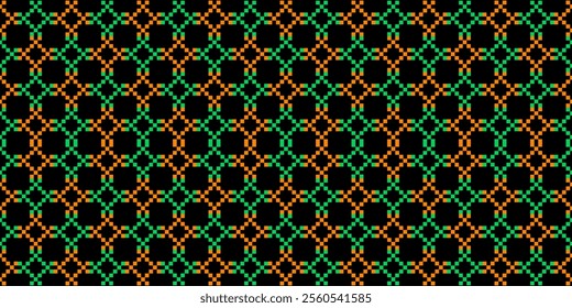 A striking geometric pattern in a bold color palette of orange, green, and black. The design features a repeating motif of circles and squares, creating a hypnotic and mesmerizing effect. 