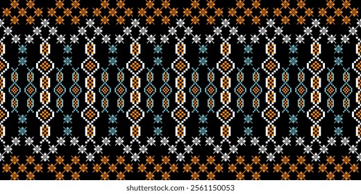 A striking geometric pattern in a bold color palette of orange, blue, white, and black. The design features a repeating motif of squares and crosses, creating a dynamic and energetic look. 
