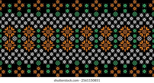 A striking geometric pattern in a bold color palette of orange, blue, white, and black. The design features a repeating motif of snowflakes and crosses, creating a festive and wintery look. This versa