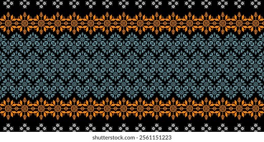 A striking geometric pattern in a bold color palette of orange, blue, white, and black. The design features a repeating motif of snowflakes and crosses, creating a festive and wintery look. 