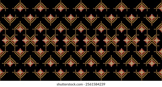 A striking geometric pattern in a bold color palette of red, yellow, white, and black. The design features a repeating motif of triangles, squares, and crosses, creating a dynamic and energetic look. 