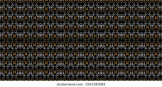 A striking geometric pattern in a bold color palette of yellow, white, and black. The design features a repeating motif of squares, crosses, and stars, creating a dynamic and energetic look. 